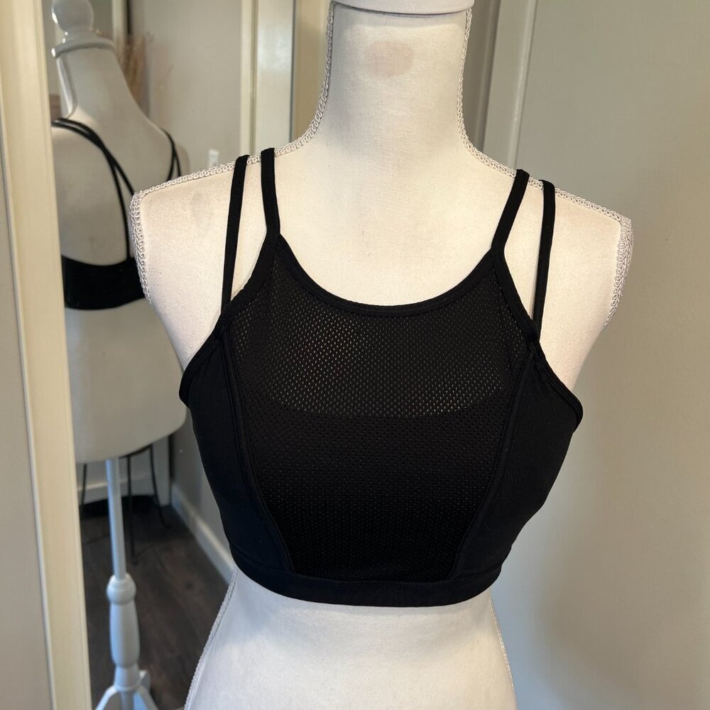 Mondetta Black Halter Double Strap Mesh Sports Bra, Size Medium